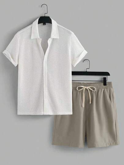 VIVINTIMO Men's Summer Casual Solid Color Short Sleeve Shirt And Shorts Set, Holiday