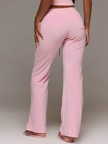 MUSERA Velour Elasticated Low Drawstring Waist Straight Leg Trouser Coord Bottoms Only Cute Everyday Daily Lounge Airport Holidays Vacation Summer Altitude - Pink - View 4