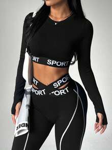 BamGleam 2pcs Women Seamless Contrast Stripe Letter Printed Elastic Waist Yoga Workout Long Sleeve Top & Cropped Leggings Sports Set - Black and White - View 7
