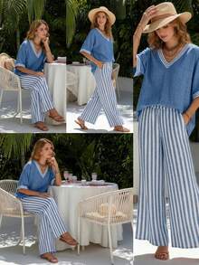 EMERY ROSE 2pcs Casual Commute Vacation Nautical Striped Short Sleeve Shirt And Pants Set, Summer Blue Striped With Pockets - Blue - View 5