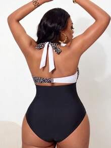Swim Vcay Plus Size Women One-Piece Contrast Color Elegant Swimsuit For Beach & Pool - Black and White - View 2