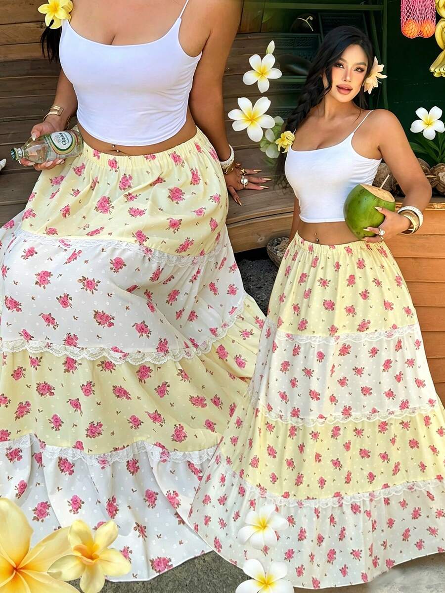 Sunnyshic Vintage Boho Floral Skirt Women's Elastic Waist Contrast Lace Bohemian Color Block Loose Skirt Plus Size Summer Holiday Casual Wear White - Multicolor - View 1