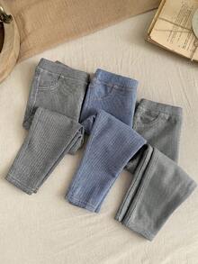 SHEIN LMoss Kids LMoss 女童三件套纯色针织打底裤休闲套装 - 黑色 - 查看 3