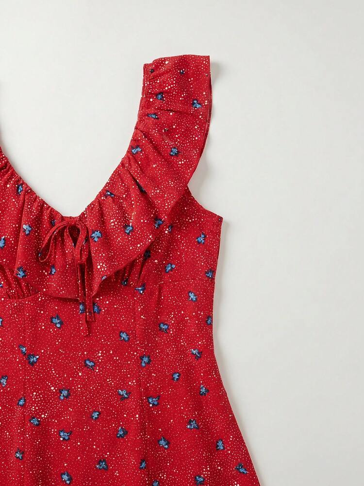 Red Floral Print A-Line Mini Dress With Ruffled Open Neckline At The Front And Back Cute Spring Summer Casual Holiday Dress Red Flower Dress Ruffle Dress French Style