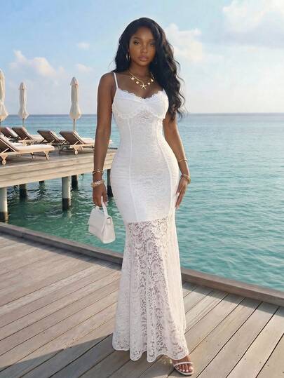 Slaydiva New Summer Elegant Sexy Sweet Vacation Beach Party White Semi-Sheer Cashew Flower Lace Mini Dress