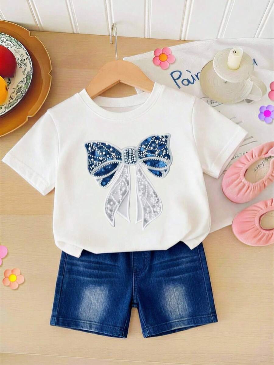 Baby Girl Casual Round Neck Short Sleeve T-Shirt And Leggings Set, Suitable For Spring And Summer - Multicolor - View 1