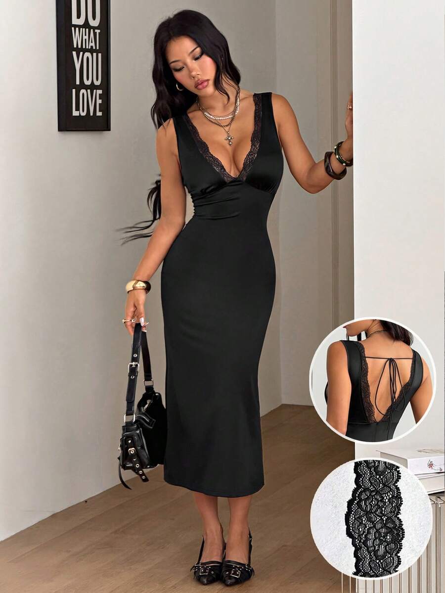 Coolane Đầm tank top ren đen tương phản, thích hợp cho nữ, mùa hè, dự tiệc âm nhạc, hẹn hò, thanh lịch, gợi cảm, sang trọng. - màu đen - Xem 1