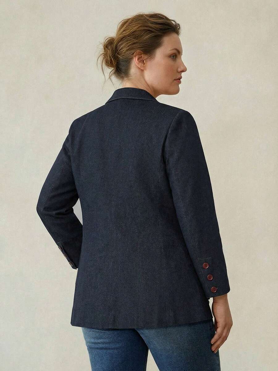MOTF PREMIUM PLUS SIZE WOMEN NAVY BLUE DENIM CONTRAST BUTTON CASUAL BLAZER FALL - Navy Blue - View 2