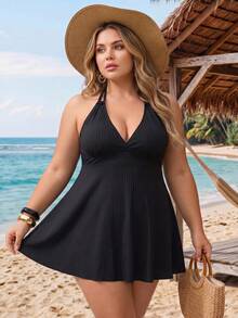 SHEIN CURVE+ Conjunto de tankini de talla grande 2026 con textura acanalada negra de cuello en V, adecuado para vacaciones en la playa, primavera/verano - Negro - Ver 6