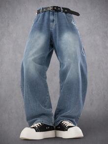Manfinity Roghcode Quần jean denim nam in họa tiết, kiểu dáng thường ngày, đã qua xử lý. - Màu xanh lam - Xem 5