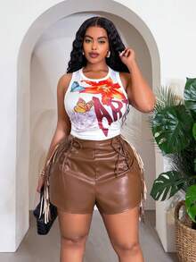 Slaydiva Plus Size Chocolate Brown PU Fabric Super Short Shorts,Nomadic Solid Hollow Lace-Up Tassel Patchwork Decor Street Style Kawaii Rave Autumn Chic - Brown - View 8