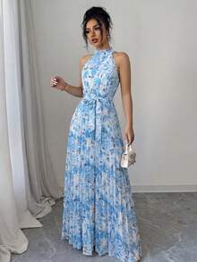 SHEIN Elenzya Ditsy Floral Ruffle Collar Pleated Waist A-Line Elegant Romantic Dress For Women, Suitable For Vacation - Multicolor - View 3
