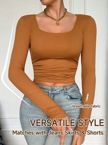 Women's Solid Color Undershirt, Long Sleeves, Square Neck, Minimalist And Comfortable - Brown - View 5