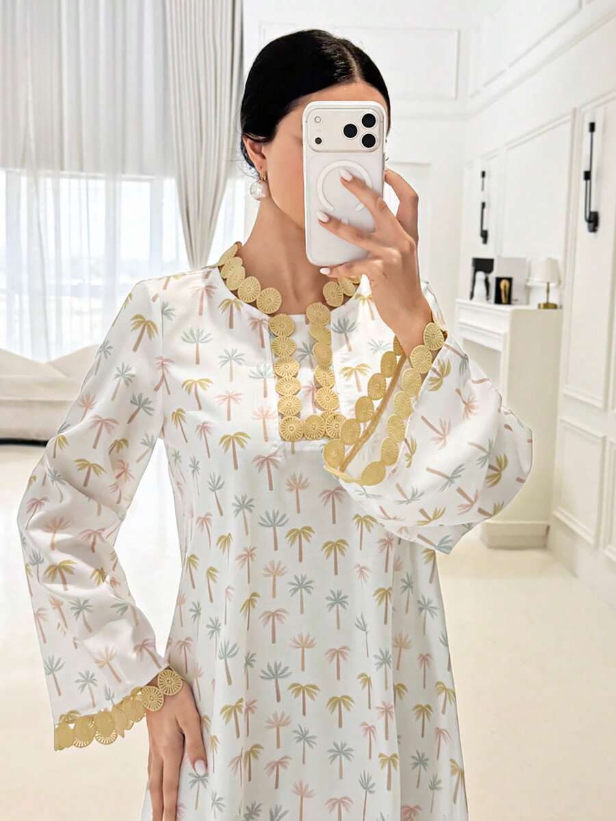 Yasmyna 女士优雅椰树印花拼接缎带阿拉伯风格连衣裙 - 彩色 - 查看 1