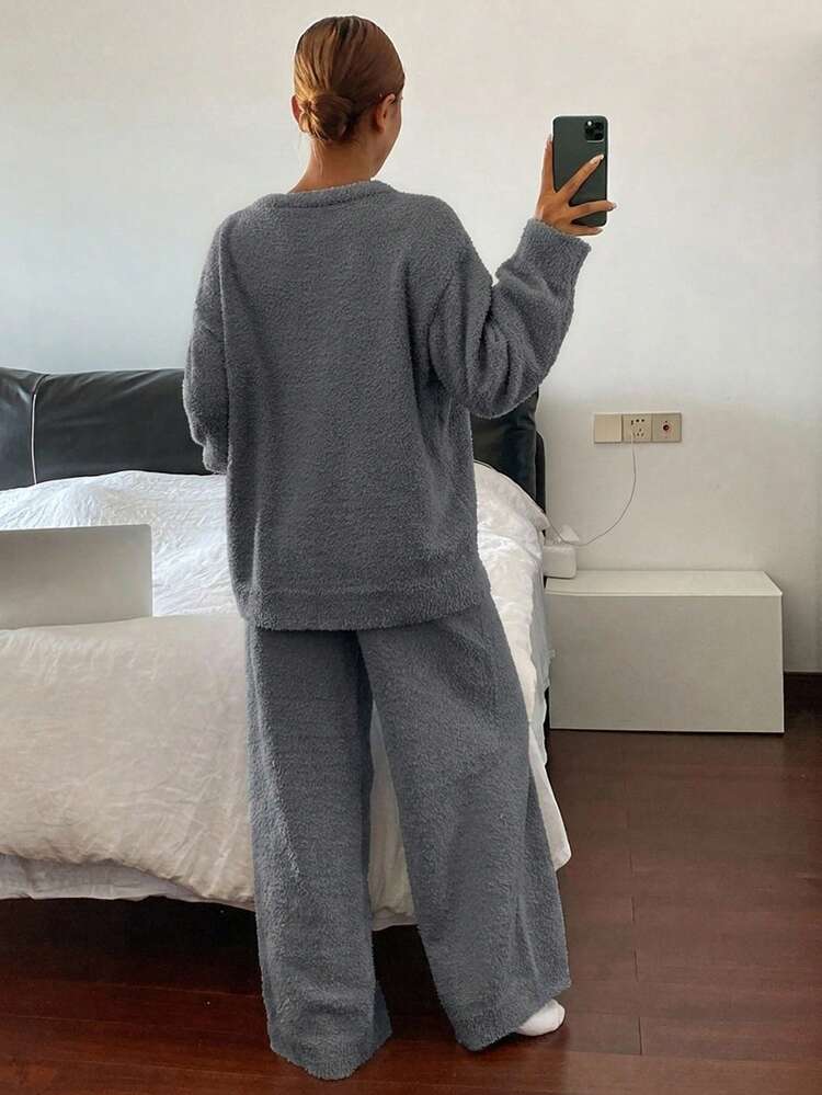 Ice Cream Print Half Fleece Knit Loose 2 Pieces Pajama Set For Women