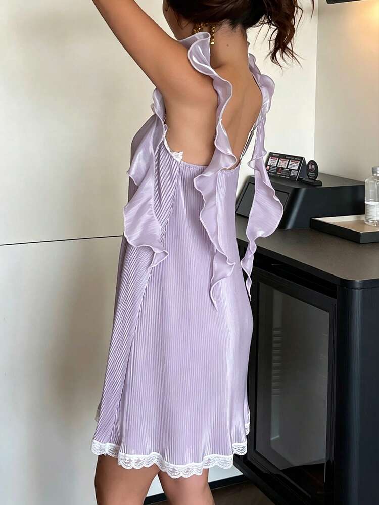 Romantic Pleated Fabric Iridescent Ruffle Hem Short Slip Dress For Women