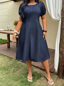 Dazy Plus Dark Wash Blue Solid Round Neck Waist Gathered Puff Sleeve A-Line Plus Size Women Midi Denim Dress, Spring/Summer Vacation - Dark Wash - View 8