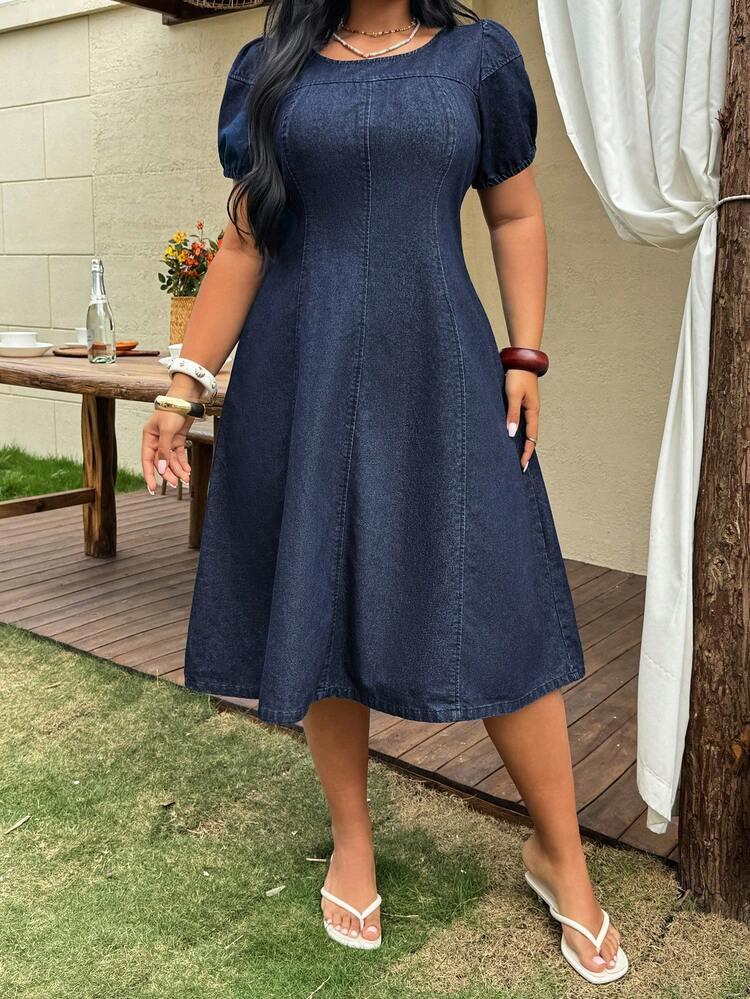 Dazy Plus Dark Wash Blue Solid Round Neck Waist Gathered Petal Sleeve A-Line Plus Size Women Midi Denim Dress, Spring/Summer
