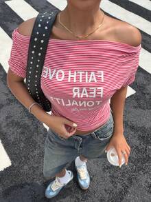 Muchica Women's Striped Letter Print T-Shirt, Versatile Styling - Red - View 3