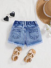 SHEIN Young Girls' Y2K Spring Summer Boho Girls Jeans Shorts ,Washed Casual Distressed Denim Shorts - Medium Wash - View 3
