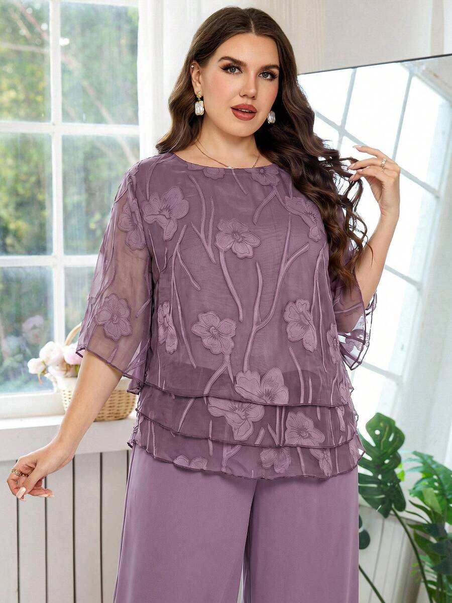 Reflora Plus Size Women Floral Print 3/4 Sleeve Shirt And Wide Leg Pants 2 Pieces Set