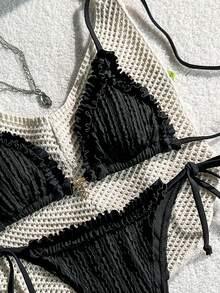 Bikini de mujer Swim Mod-D de unicolor con tela jacquard, decoración metálica y volantes, para primavera/verano - Negro - Ver 6