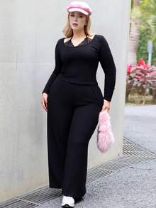 CHERRY TINTT SELECTION Plus Size Women Black Elegant Straight Leg Casual Office Trousers - Black - View 1