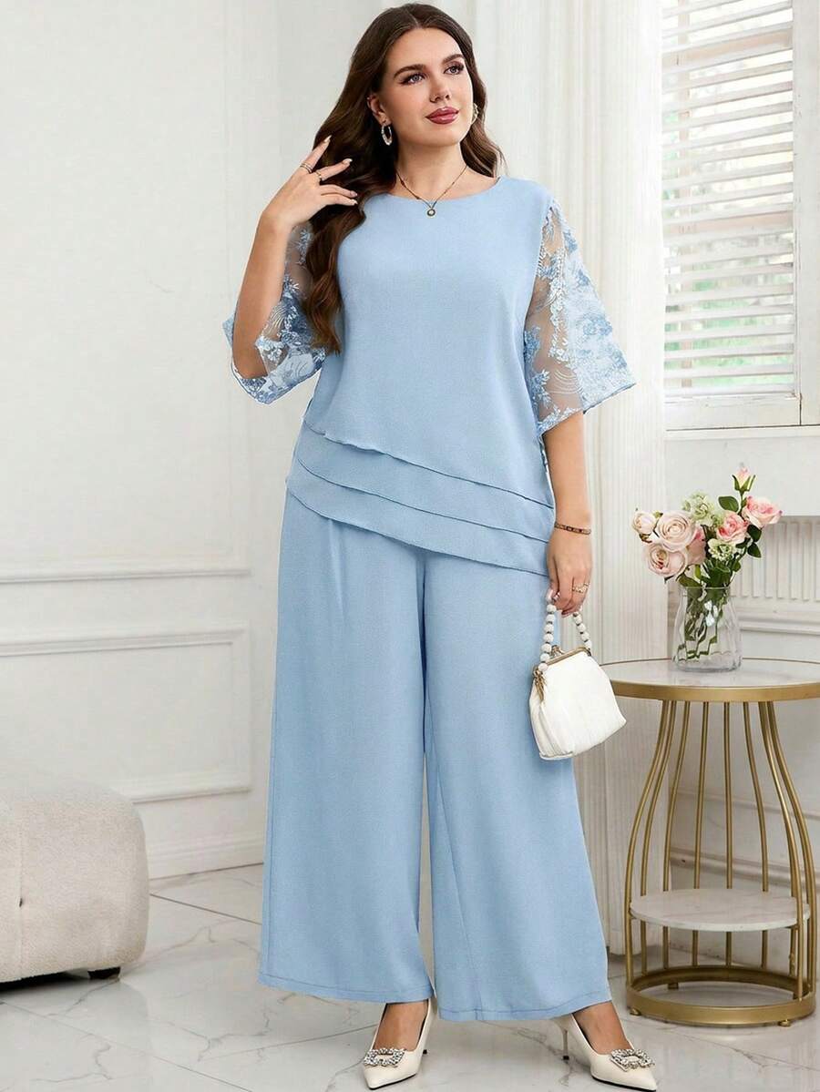 Reflora Plus Size Women Floral Patchwork Mesh Short Sleeve Blouse And Pants Elegant 2-Piece Set - Baby Blue - View 1