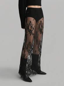 Ontre Women's Black Floral Lace Maxi Skirt, Fashionable Goth Sheer Lace Long Skirt, Women's Versatile Casual Skirt Series Party Summer - Black - View 5