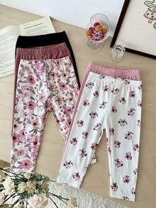SHEIN Quần dài dệt kim họa tiết hoa dễ thương, đa năng, cạp chun cho bé gái - Nhiều màu - Xem 2