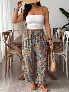 SHEIN VCAY Plus Size Women Loose Casual Boho Pants With Tie Waist And Frill Trim Vacation Royal Blue Autumn Fall Vacation Beach - Multicolor - View 4
