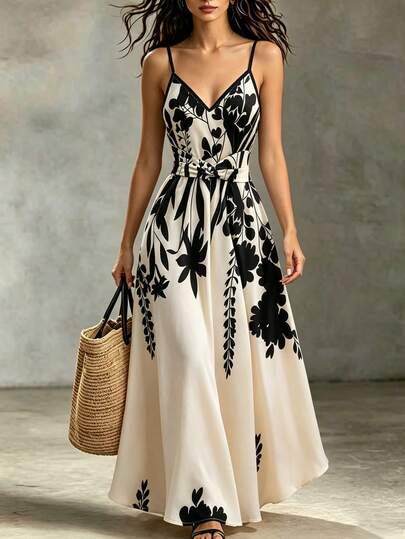 EMERY ROSE Summer Casual Vacation Floral Print Spaghetti Strap Dress For Women