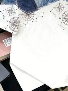 Manfinity Joysei Áo thun nam tay ngắn phối màu xanh dương và trắng tương phản, chất liệu giả denim với họa tiết la bàn, kết hợp giữa vẻ mạnh mẽ và tính nghệ thuật để tái tạo phong cách đường phố thường ngày, phù hợp với nam giới trẻ sành điệu và các cặp đôi theo đuổi sự thể hiện cá tính và yêu thích văn hóa thời trang đường phố. - trắng - Xem 4
