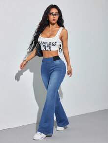 SHEIN PETITE 女款藍色牛仔緊身喇叭褲，舒適高彈力丹寧，夏季辦公穿搭，美人魚風格，適合嬌小女性 - 中等水洗藍 - 查看 5
