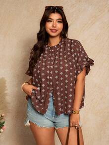 Elaquor Plus Size Women Floral Print Short Sleeve Casual Loose Blouse Brown Blouse For Women Casual Vacation Blouse For Women - Coffee Brown - View 8