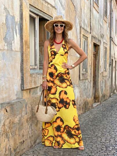 Solivie Women's Summer Dopamine Yellow Floral Print Backless Halter Dress, Suitable For Beach Vacation