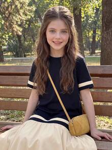 DAZY Tween Girls Round Neck Color Block Mid-Length Short Sleeve Dress Sun Dresses For Girl Summer - Apricot - View 5