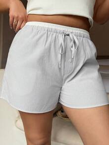Dazy Plus Contrast Color Patchwork Elastic Waist Drawstring Loose Plus Size Women's Casual Short Pajama Bottoms, Spring/Summer - Baby Blue - View 5