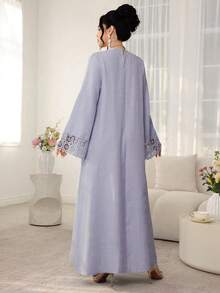 Al Najma Solid Color Round Neck Loose Long Sleeve Patchwork Ribbon Dress, Casual Resort Wear - Purple - View 2