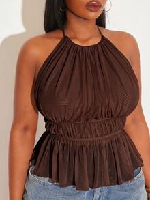 SHEIN SXY Elegant Sleeveless Brown Sheer Halter Top With Ruched Waist And Peplum Hem - Brown - View 8