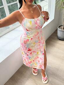 SHEIN EZwear 大码优雅印花开衩吊带连衣裙，夏季 - 彩色 - 查看 5