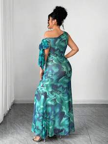SHEIN Clasi Plus Size Women's Teal Summer Dress, Tropical Holiday Vacation Print Sleeveless Asymmetric Neck Bowknot Tie Waist Fishtail Hem Wedding Guest - Green - View 2