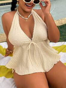 Swim Mod Set Baju Renang Tankini Halter Tanpa Punggung dengan Tali Depan Renda untuk Liburan Pantai Musim Panas Wanita Ukuran Besar Warna Pink - Aprikot - View 7