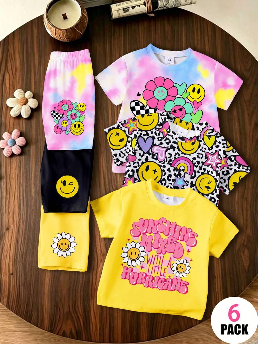 6 pièces/set Tenue décontractée mode jeune fille, avec Top à manches courtes et short en imprimés tie-dye, léopard, cœur arc-en-ciel, floral et lettres. Ensemble doux et confortable, adapté pour les sorties d'été. - Multicolore - Voir 1
