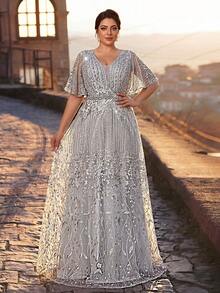 Serin Đầm cưới dáng chữ A sang trọng, tay bồng, màu xám, cỡ lớn, đính sequin và kim sa lấp lánh, phù hợp cho đám cưới, tiệc tùng, các dịp trang trọng, hoặc dành cho mẹ cô dâu. - Xám - Xem 5