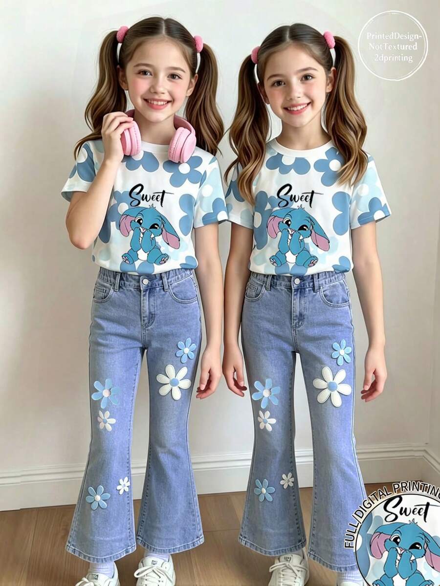 少女短袖喇叭裤套装,休闲舒适的春夏服装,专为户外活动、野餐、街头摄影、度假、送礼和日常穿着而设计。 - 彩色 - 查看 1