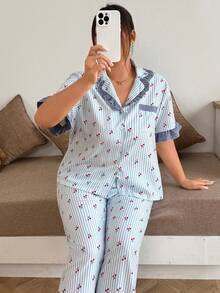 Napfluff CURVE Napfluff CURVE Striped Cherry Print Plus Size Women's Contrast Color Ruffle Trim Short Sleeve Pajama Set With Open Front Collar - Blue - View 4