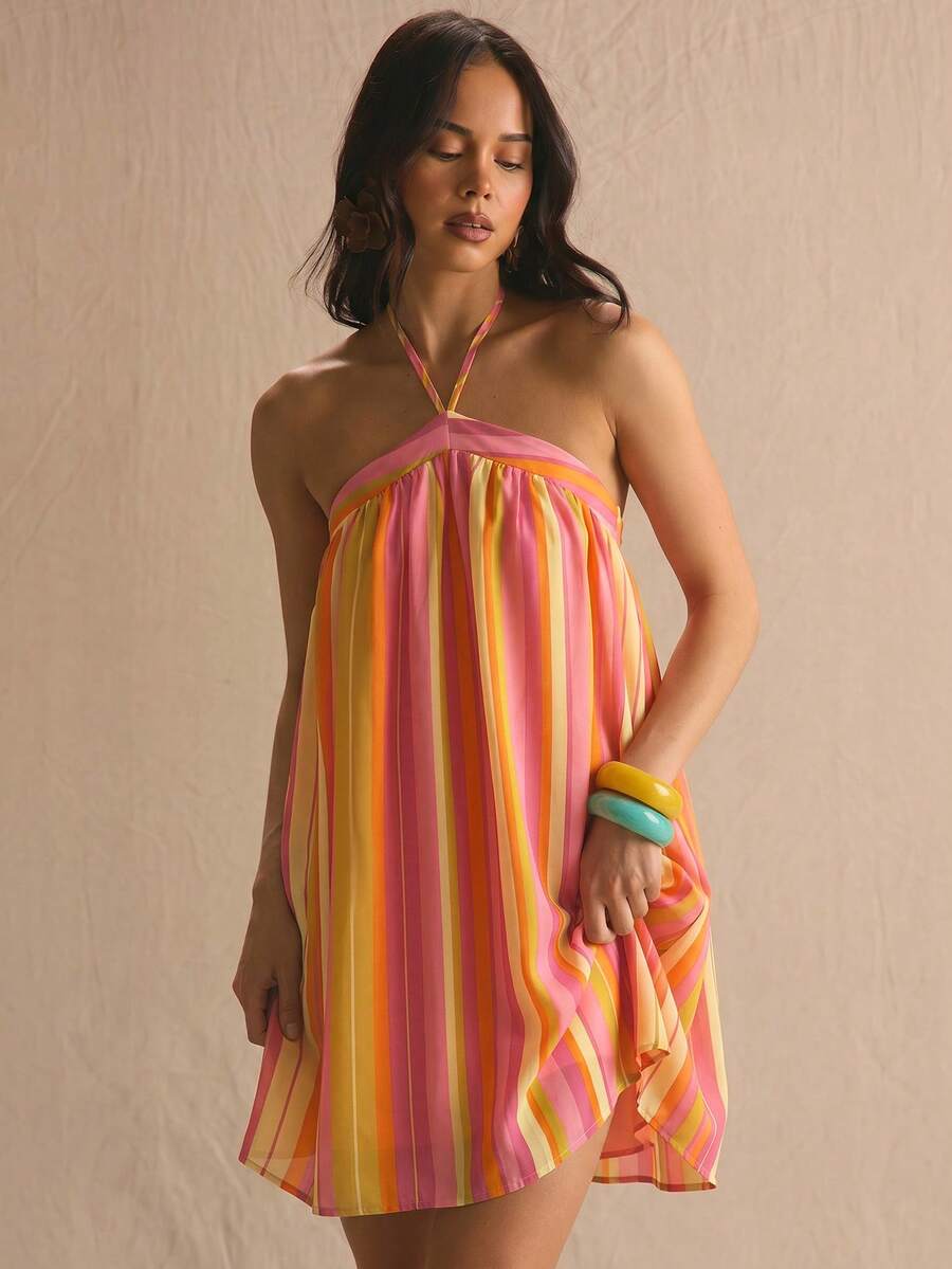 MUSERA Stripe Halterneck Flowy Mini Summer Dress Spring Summer Cosy Cute Daily Girly Vacation Sunlight Social - Pink - View 1