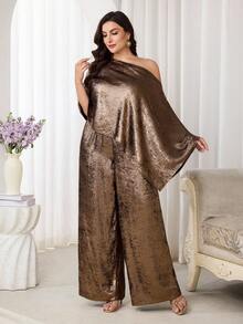 Modelyn Bộ đồ 2 món cỡ lớn thanh lịch gồm áo và quần bất đối xứng - Cà phê nâu - Xem 3