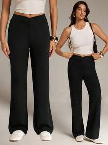 SHEIN Tall Pantalones rectos de pierna con torsión elegante y casual para mujer - Negro - Ver 1